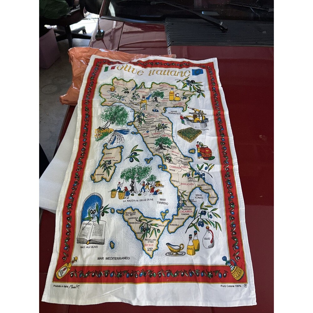 Vintage SOUVENIR Cotton Kitchen TEA TOWEL from ITALY Regional Olives